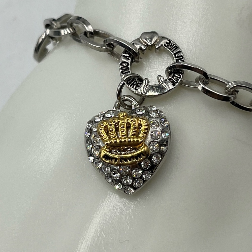 Juicy Couture‎ Chain Bracelet Pave Crystal Silver Gold Tone Puff Heart Charms - Picture 15 of 16